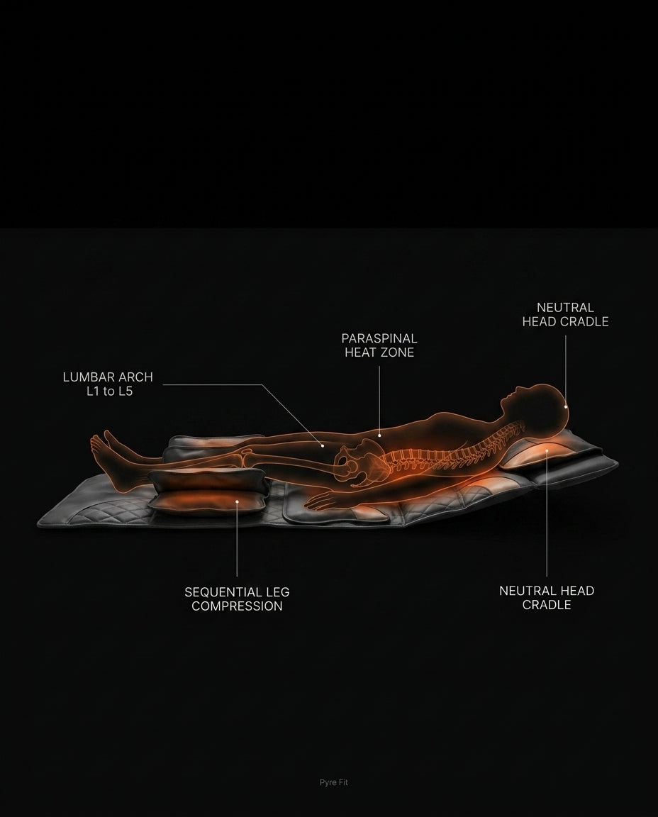 Anatomy diagram mapping the massage mat's heat and compression zones