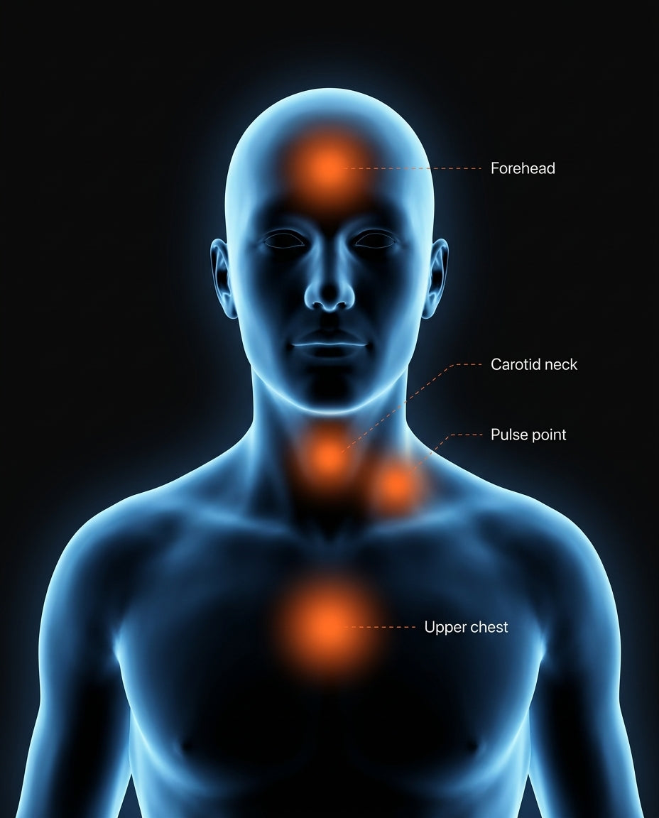 Body diagram showing cooling pulse points at forehead, carotid neck, and upper chest