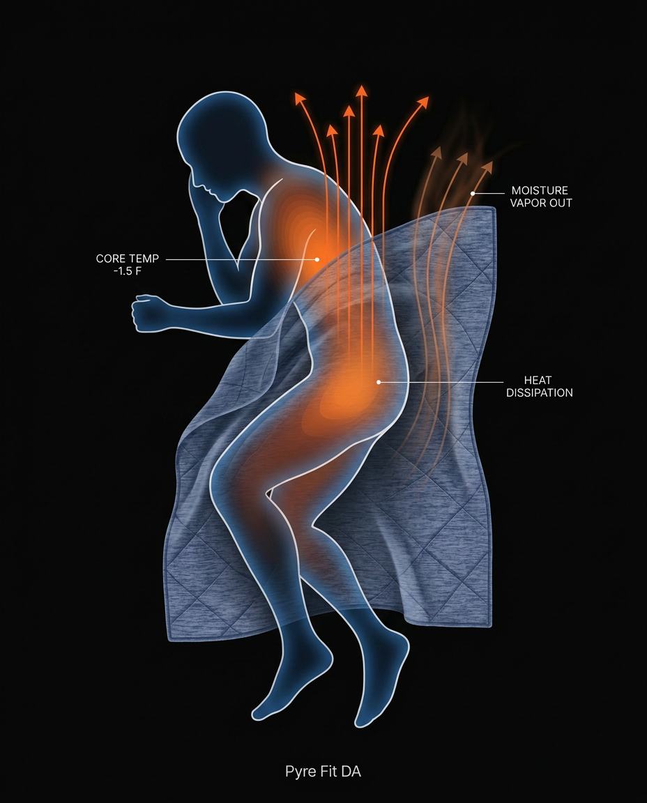 Diagram showing body heat and moisture escaping through the cooling blanket