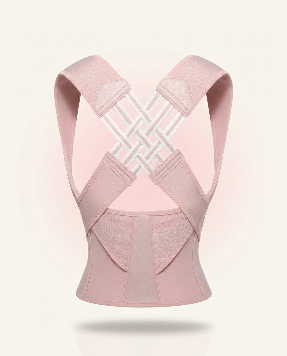Pink posture support brace with woven crossover straps, studio on white