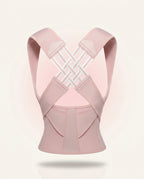 Pink posture support brace with woven crossover straps, studio on white
