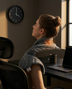 Woman at desk wearing the heated wrap during an afternoon recovery ritual