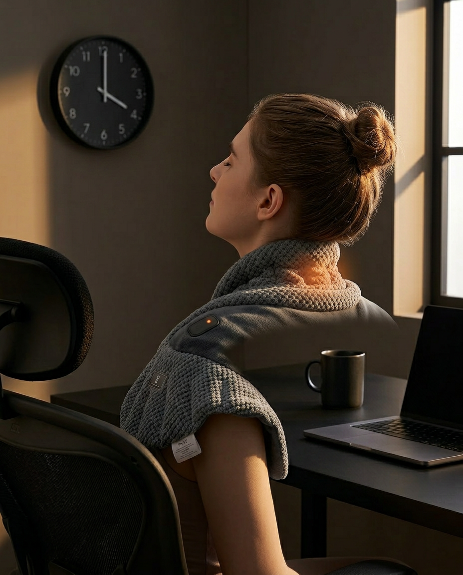 Woman at desk wearing the heated wrap during an afternoon recovery ritual