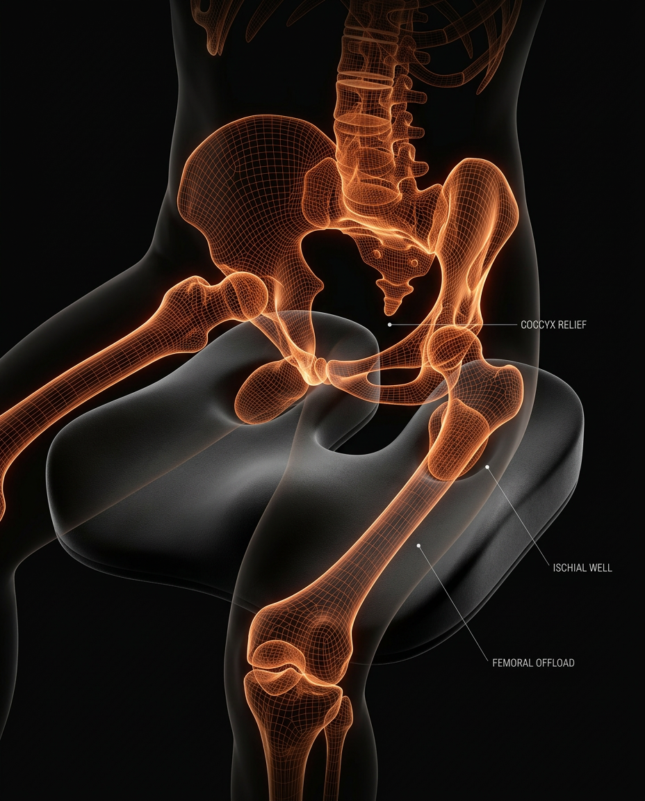 Anatomy diagram of the pelvis showing coccyx and sit-bone relief from the cushion