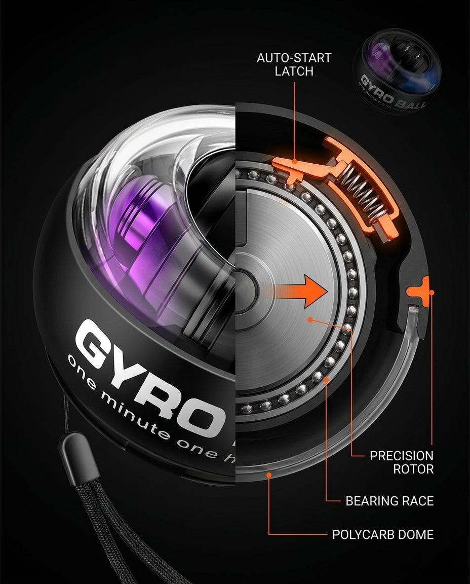 Cutaway of the gyro ball's auto-start latch, precision rotor and bearing race