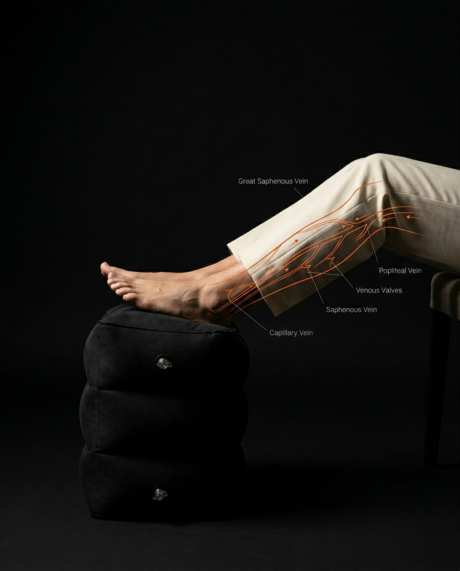 Diagram of legs elevated on the footrest with leg vein comfort labeled