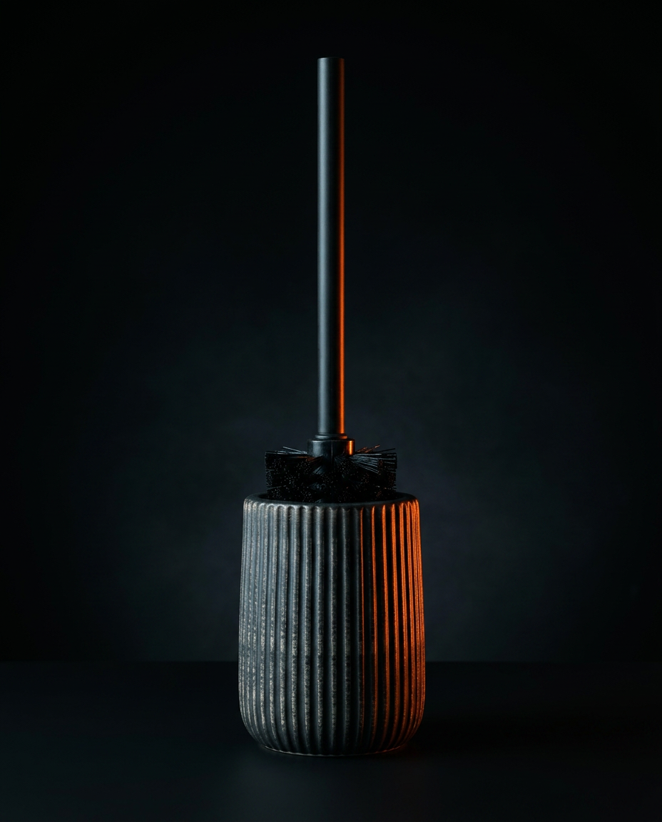 Black ribbed toilet brush holder lit dramatically against a dark backdrop