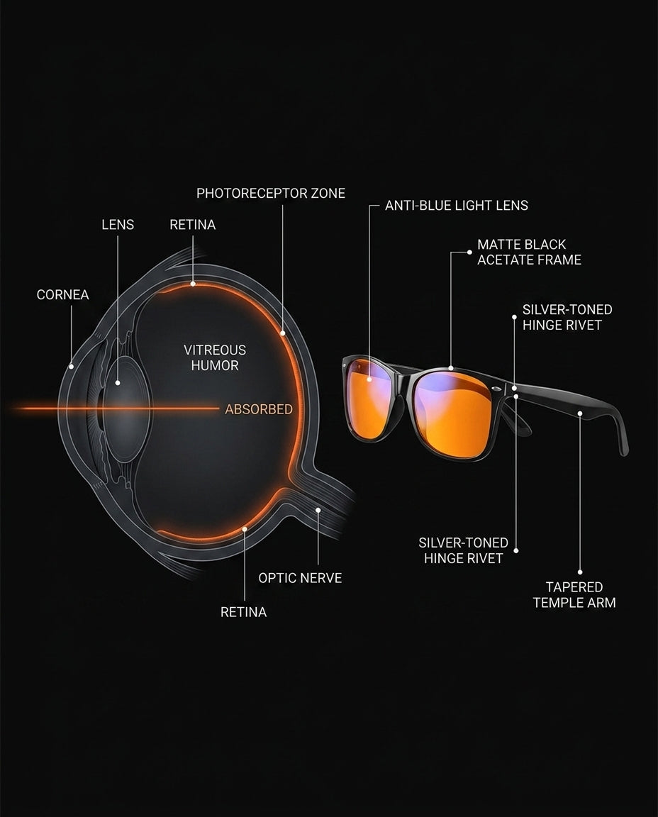 Eye anatomy diagram beside labeled blue light blocking glasses frame