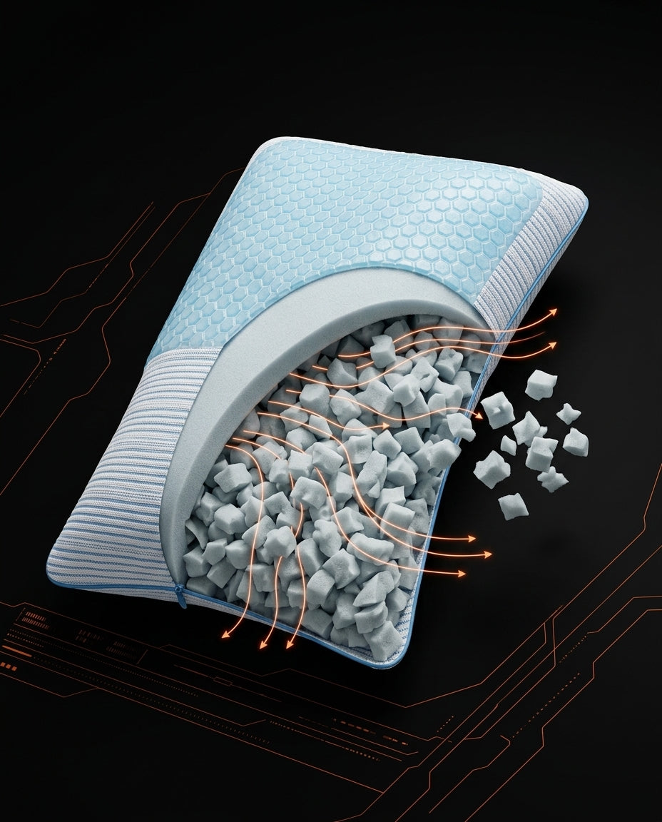 Cutaway of the pillow's gel honeycomb top and breathable shredded foam fill