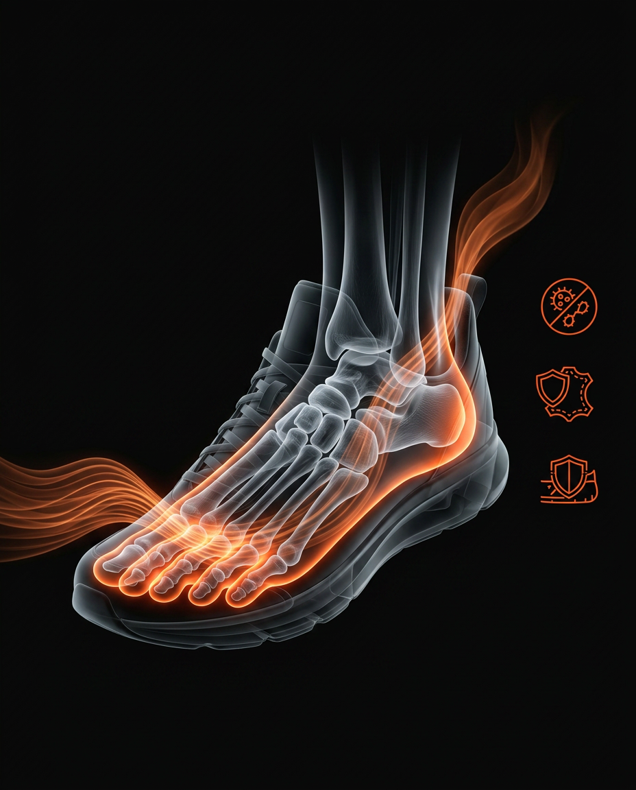 X-ray foot inside a shoe with warm airflow lines from the dryer