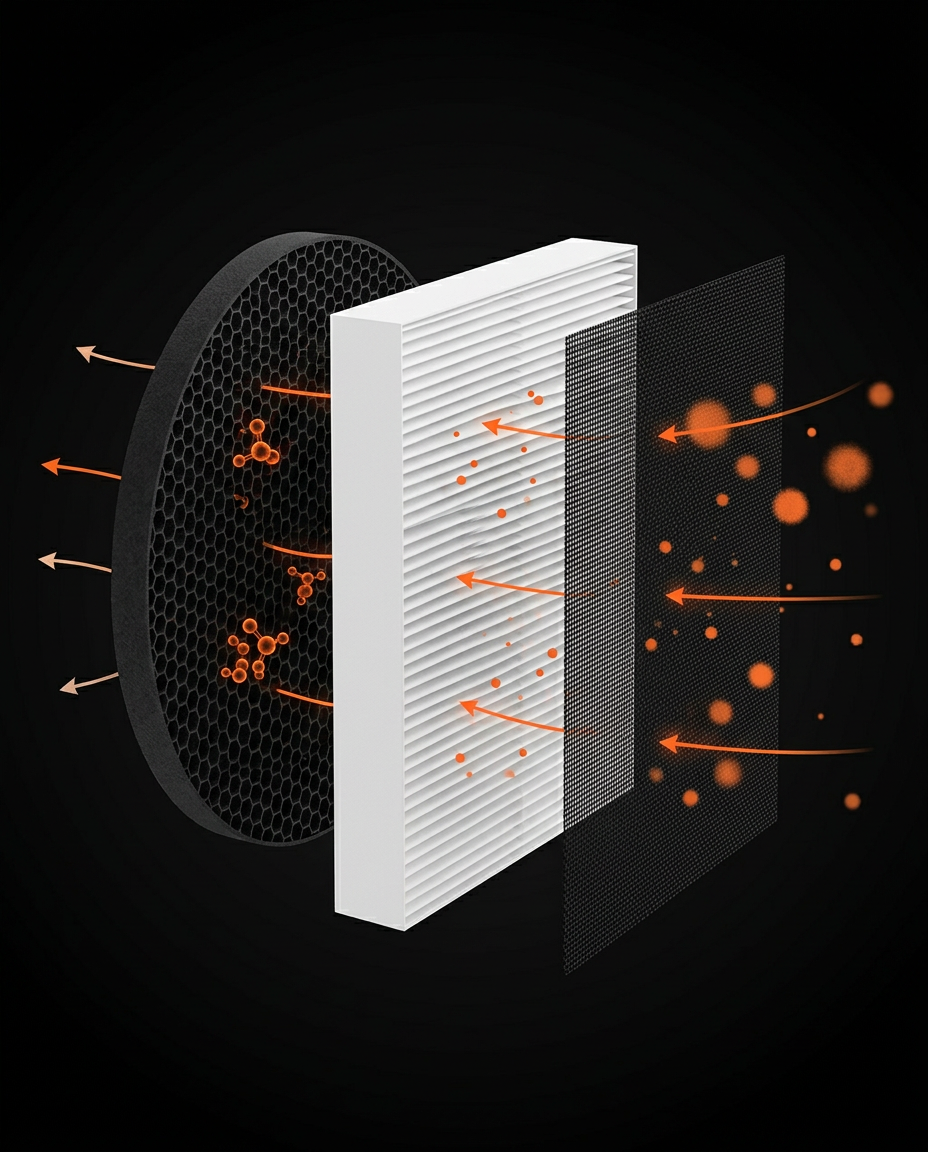 Cross-section of the air purifier HEPA and carbon filter trapping particles