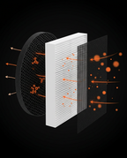 Cross-section of the air purifier HEPA and carbon filter trapping particles