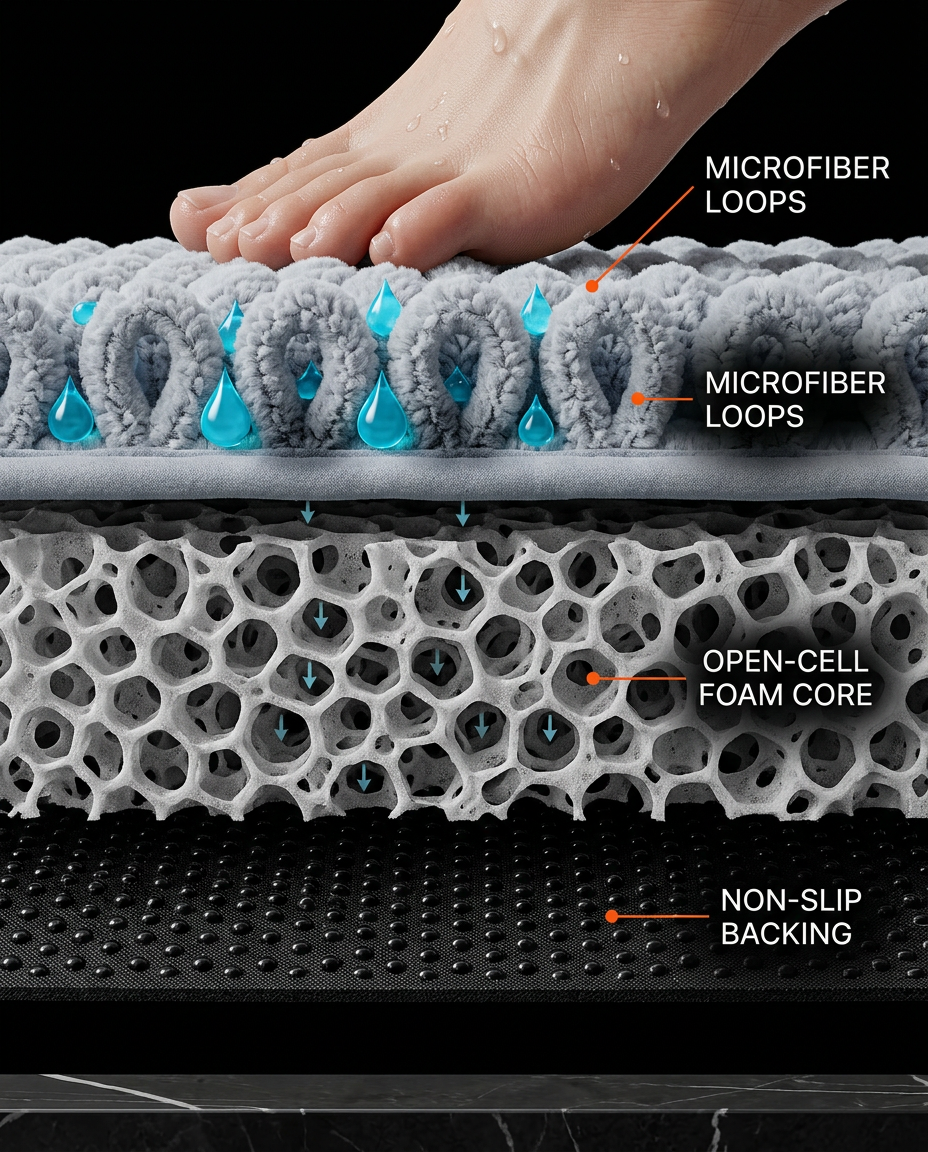 Cutaway showing the bath mat microfiber loops, foam core and non-slip layers