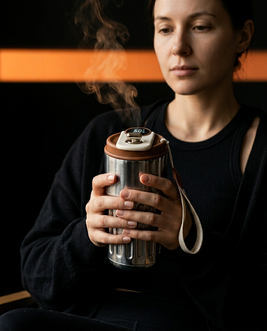Woman holding the steaming temperature display mug in a dim room