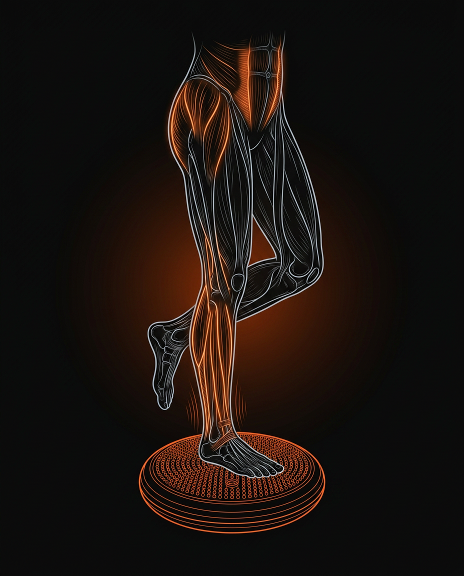 Diagram of leg muscles engaged balancing on the wobble cushion for proprioception