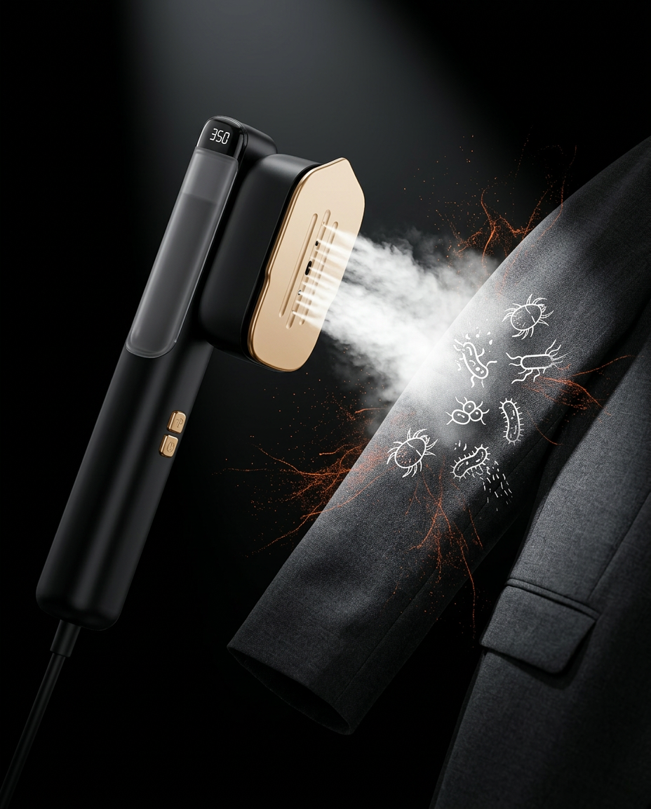 Steamer sanitizing a jacket, illustration of steam eliminating germs and mites