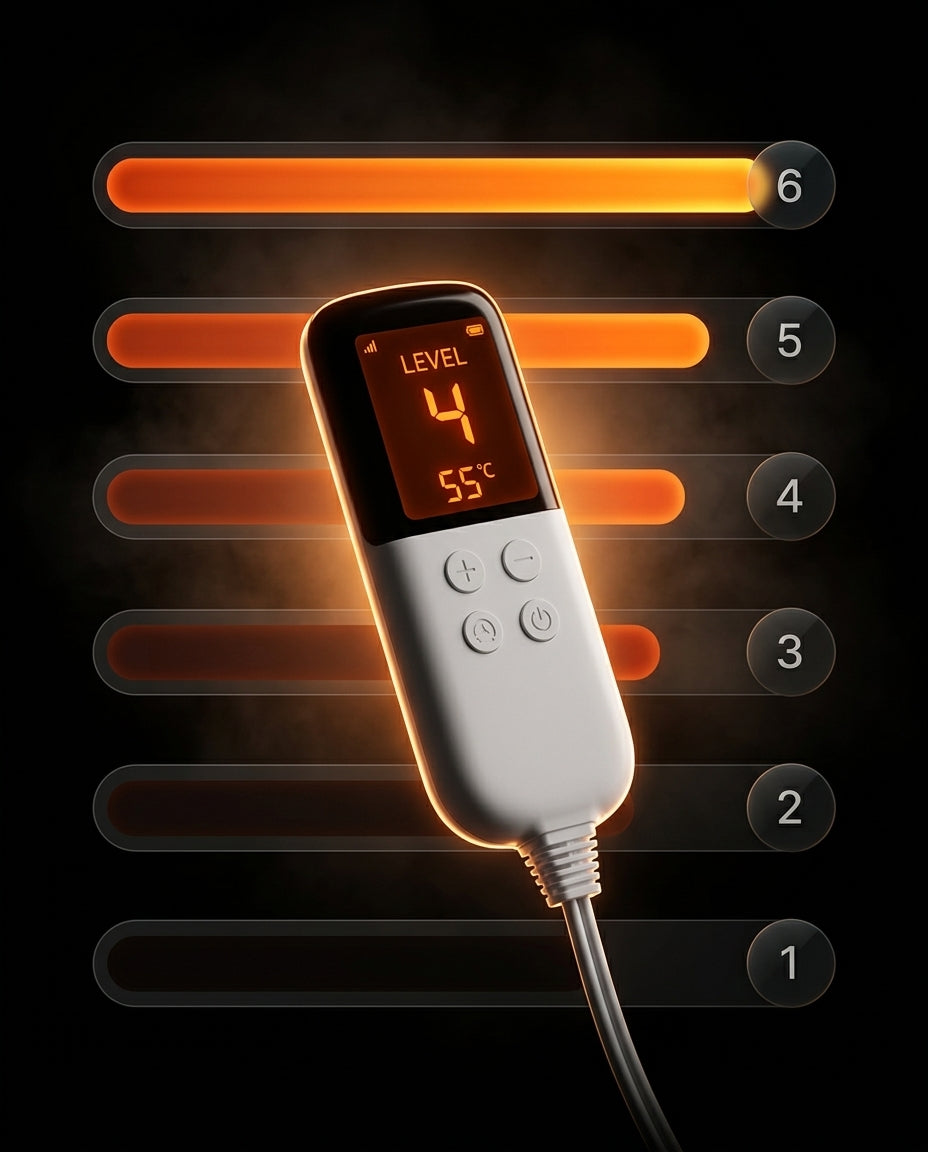 Heating pad controller showing level 4 against six rising heat bars