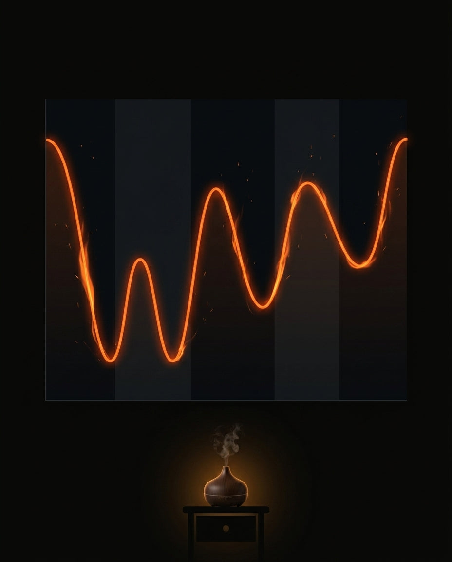 Sleep-cycle wave graphic above the diffuser glowing on a nightstand