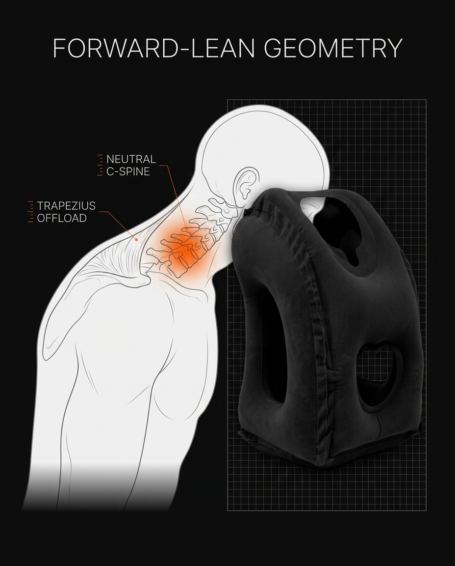 Diagram of forward-lean geometry keeping the C-spine neutral with the pillow