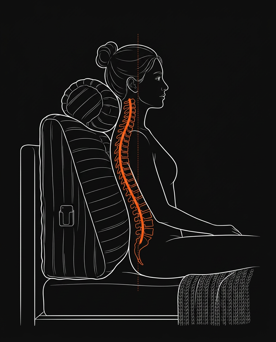 Line diagram of seated spine posture supported by the reading wedge pillow