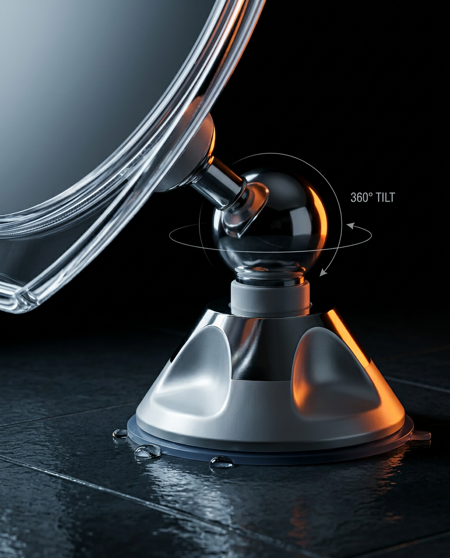 Macro of the shower mirror's 360-degree ball-joint tilt above the suction-cup base
