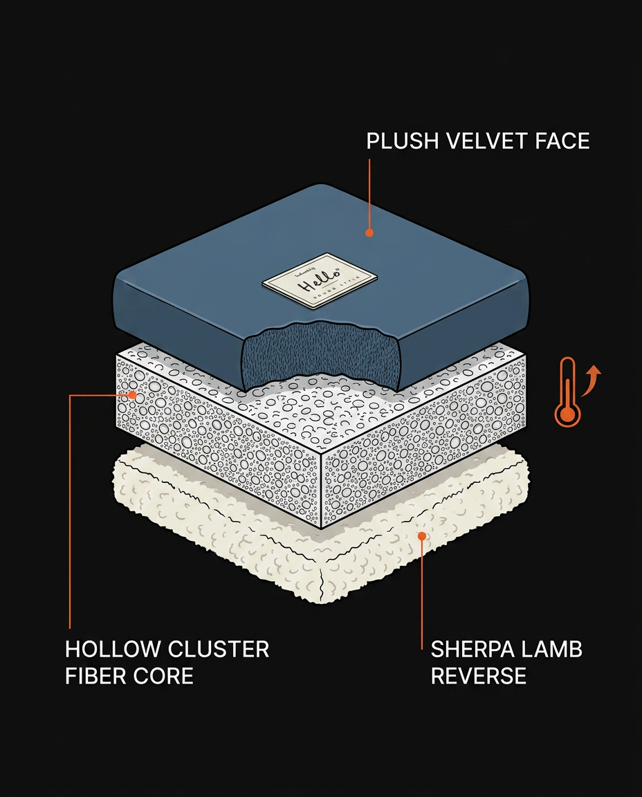 Cutaway diagram of the comforter's velvet face, fiber core and sherpa reverse layers