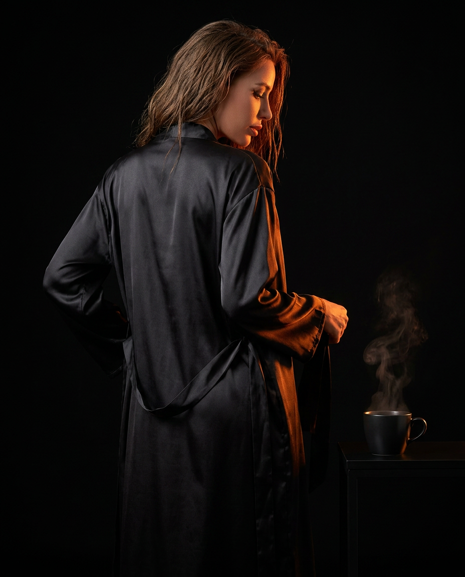 Woman from behind in a black satin robe with a steaming mug, wind-down