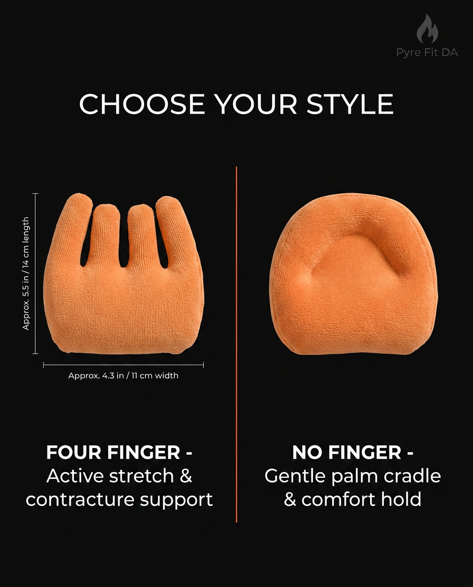 Style comparison of four-finger and no-finger hand cushions with dimensions
