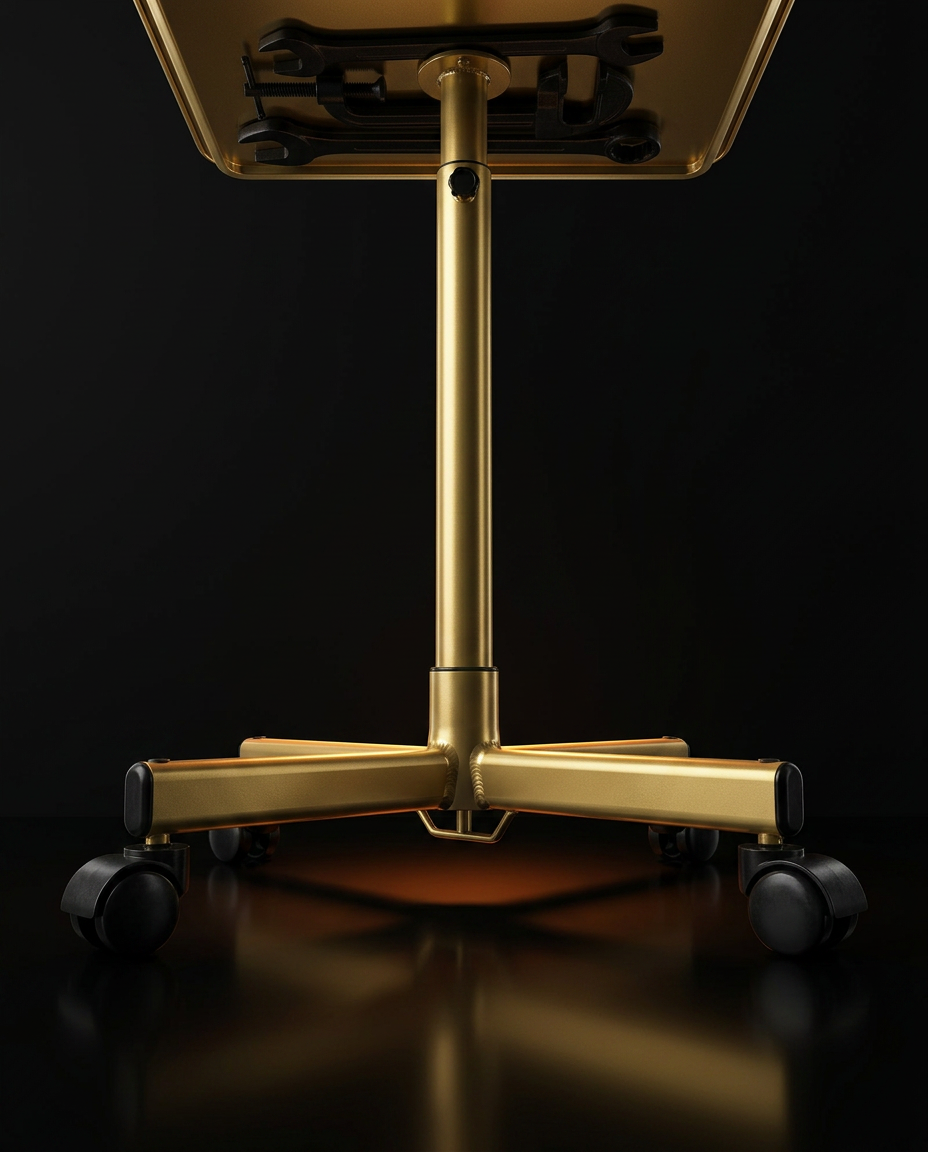 Low-angle view of the five-star gold base and casters showing stability