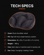 Tech specs sheet showing velvet cover, micro-bead memory fill, dimensions and care