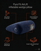 Tech specs infographic of the AirLift inflatable wedge pillow with feature icons