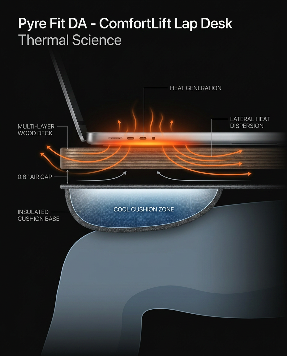 Cross-section showing heat dispersing above the lap desk's cool cushion zone