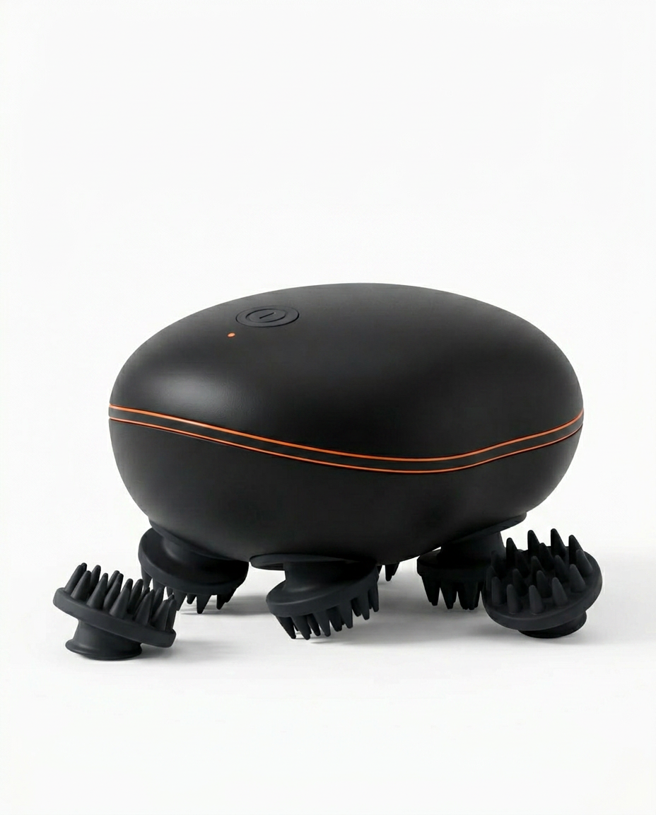 Black electric scalp massager with copper accent line, on white background