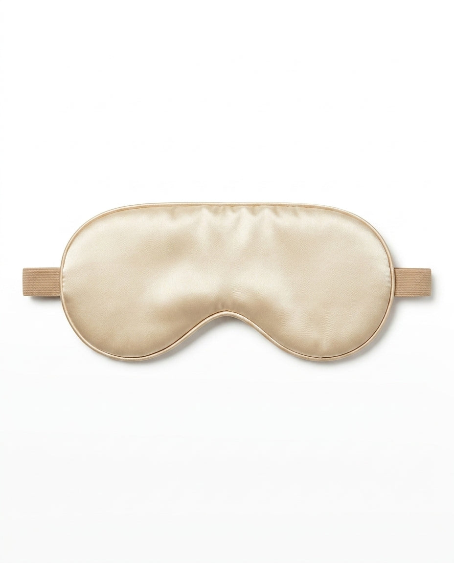 Cream silk sleeping eye mask with matching strap, packshot on white