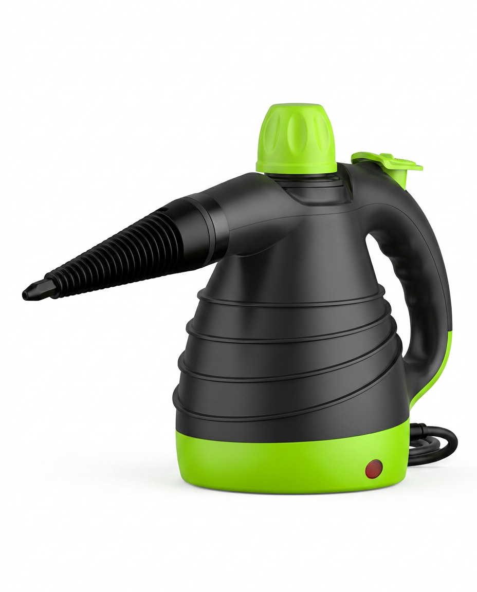 Black and lime green handheld steam cleaner on white background