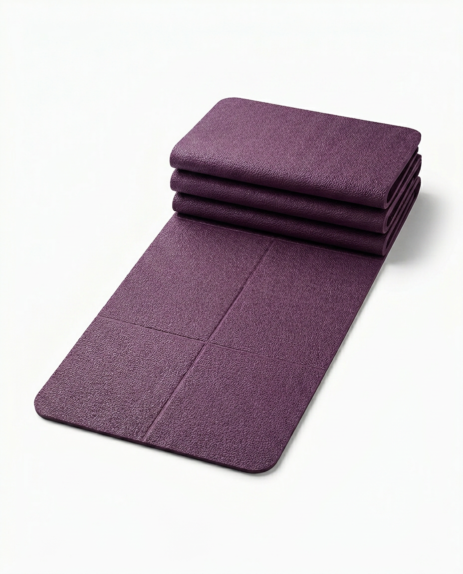 Plum purple foldable yoga mat partly unfolded in accordion panels