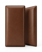 Two brown upholstered wall panels standing on a white background