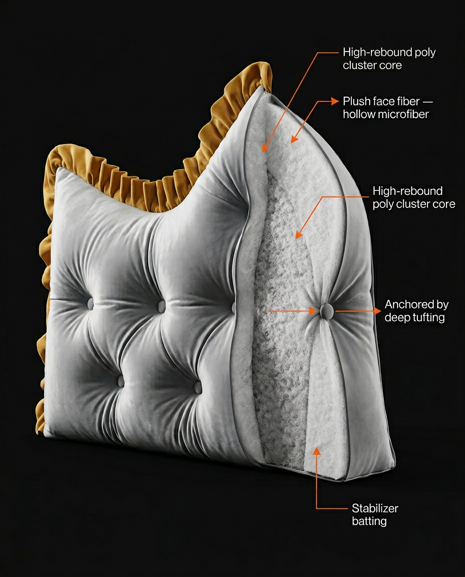 Cross-section of the backrest cushion showing poly cluster core and fiber layers