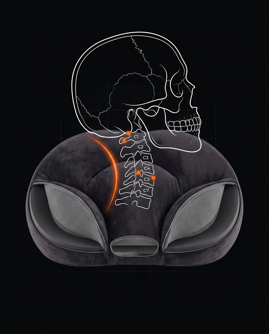 Anatomical diagram of skull and cervical spine alignment cradled by the neck pillow