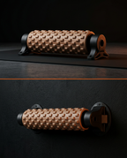 Split image of the foam roller used as a floor stand and as a wall-mounted bracket