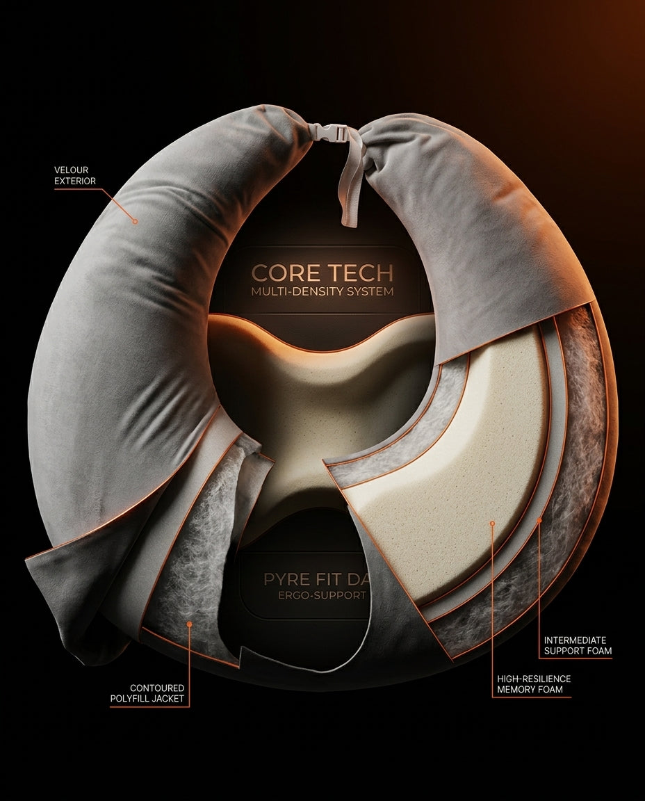 Cutaway diagram of the lap pillow's velour cover and multi-density foam layers