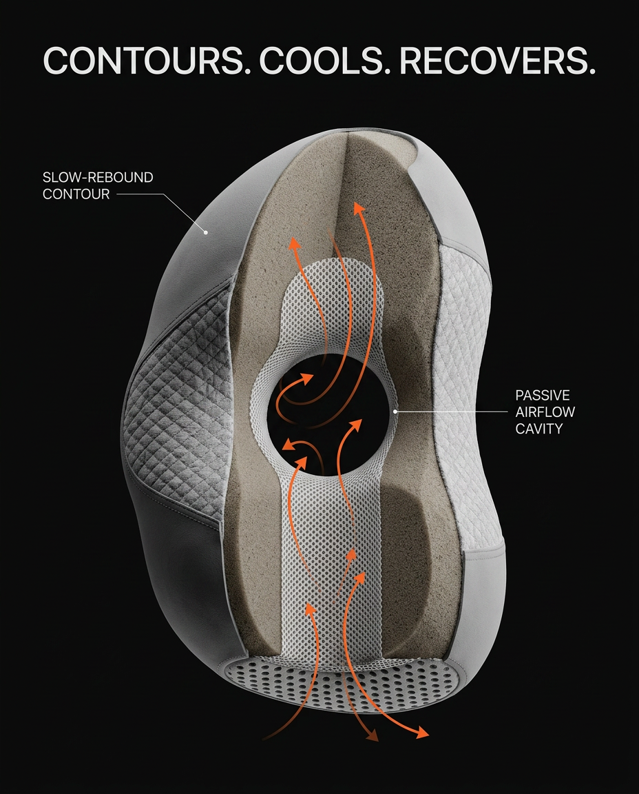 Cutaway of the ear pillow showing slow-rebound contour and passive airflow cavity