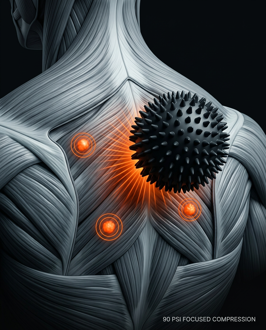 Diagram of upper-back muscles with spiky ball compressing trigger points