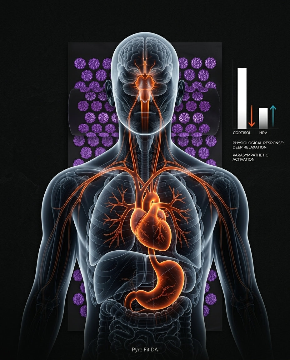 Body diagram showing acupressure mat triggering calm relaxation