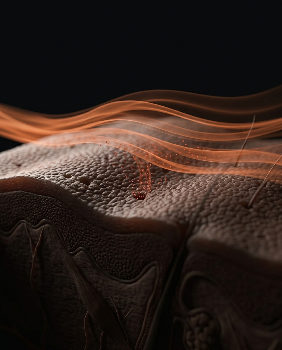 Macro of cool airflow streaming across skin texture, illustrating convective cooling