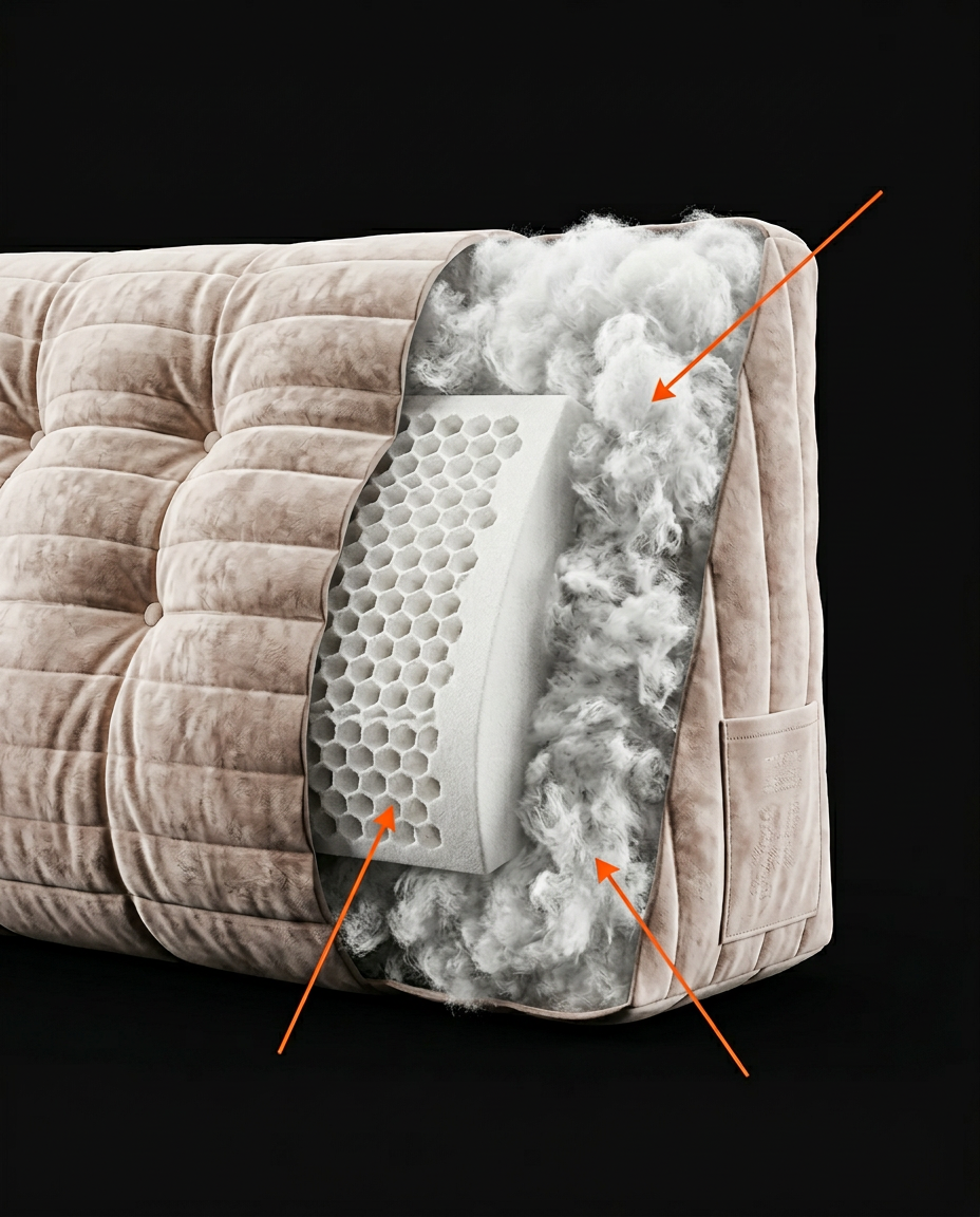 Cutaway showing dual-fill foam core wrapped in fluffy cluster fiber