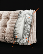 Cutaway showing dual-fill foam core wrapped in fluffy cluster fiber