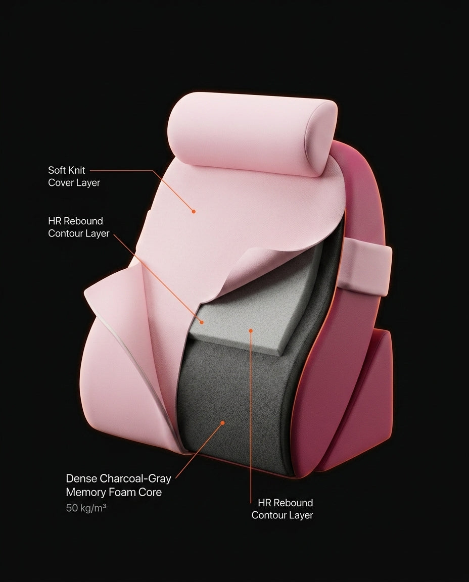 Layered cutaway showing knit cover, rebound foam and charcoal memory foam core
