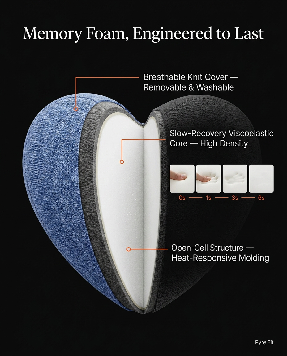Cutaway showing the knit cover and slow-recovery memory foam core layers