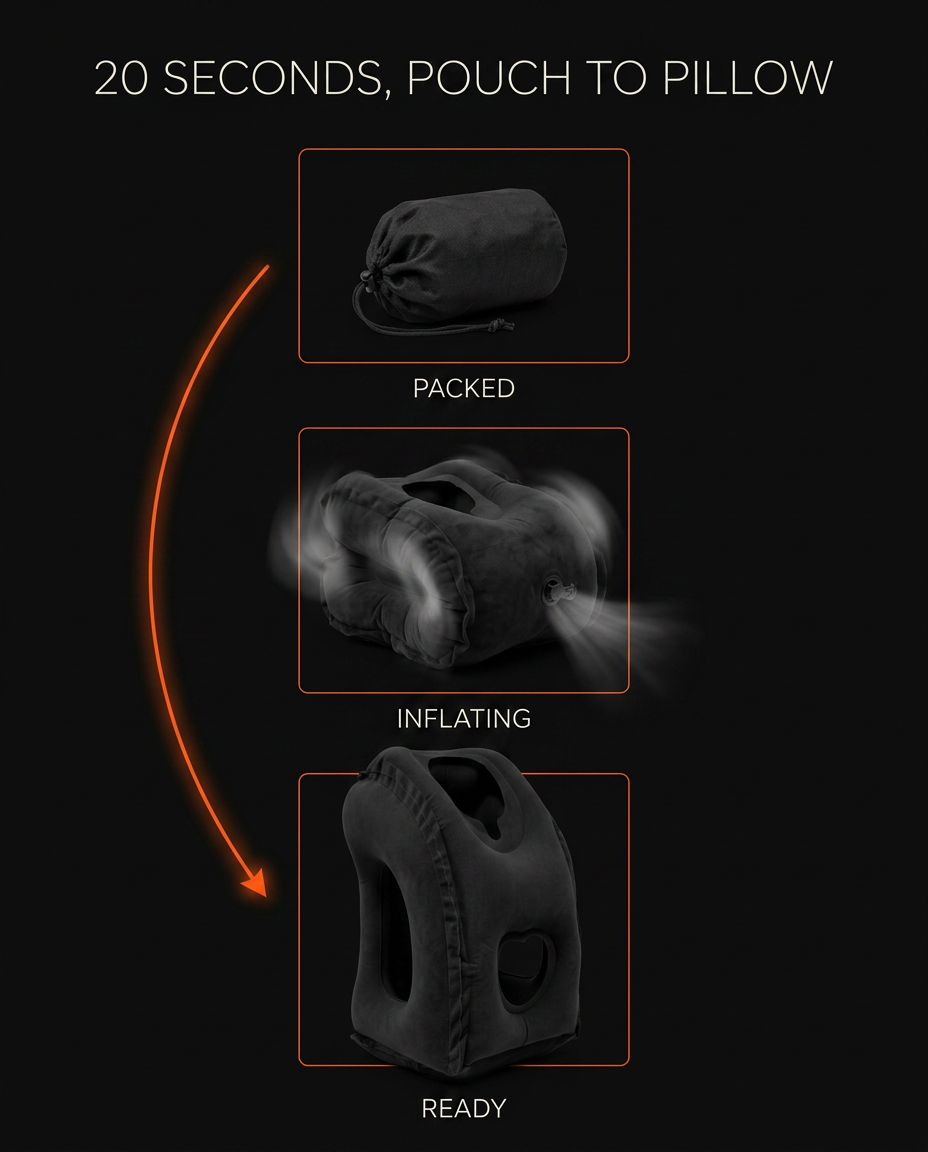 Three-step graphic showing the travel pillow inflating from pouch to ready in 20 seconds